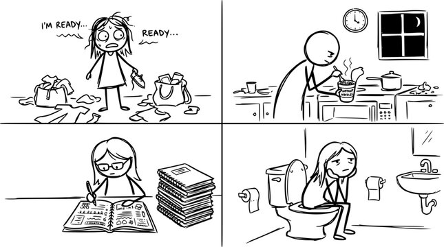 A character struggles with messy surroundings and delayed tasks. We see the challenge of staying organized while managing daily responsibilities and feelings.