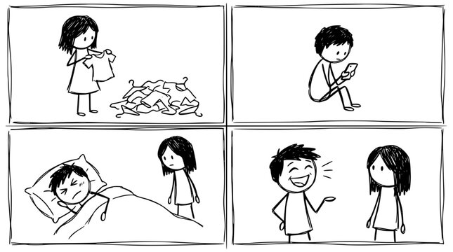 In a light-hearted comic, a character deals with a laundry pile while her partner is preoccupied with his phone, highlighting relationship interactions and chores.