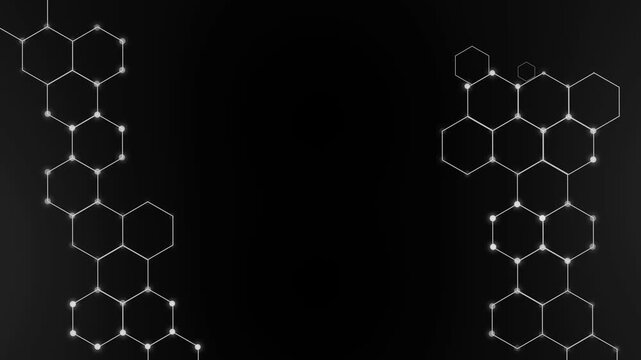 Dark tech background with neon hexagonal molecular network frames animation