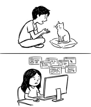 A young boy animatedly talks to a cat while sitting next to it on a cushion, portraying a warm bond between pet and child in a cozy atmosphere.
