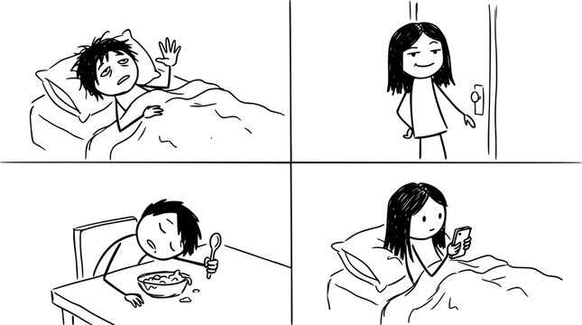 A comic strip showcases the routine of a character's morning, capturing various elements of daily life that feels relatable through humor and simplicity.