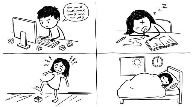 A child experiences different emotions during daily activities, from focused computer work to unexpected frustrations at home, showcasing the variety of feelings faced.
