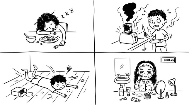 A humorous depiction showcases the chaotic consequences of multitasking and distractions, illustrating the struggle to maintain focus in an overwhelming environment.