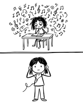 This image depicts a character trying to concentrate while distracted by noisy music, emphasizing the challenges of focus and the search for peace in a busy world.
