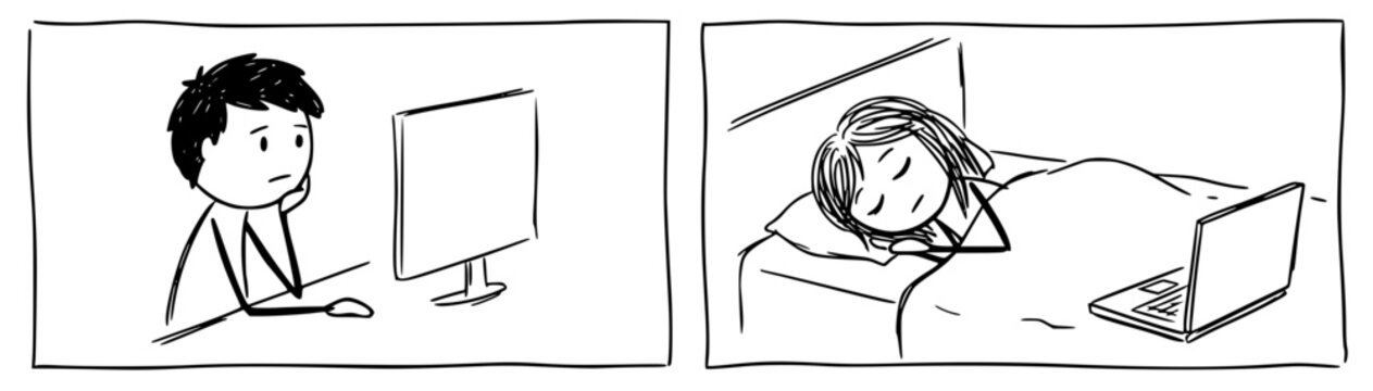 A person appears stressed while working on a computer, contrasting with a friend peacefully sleeping nearby, highlighting the tension between productivity and rest.
