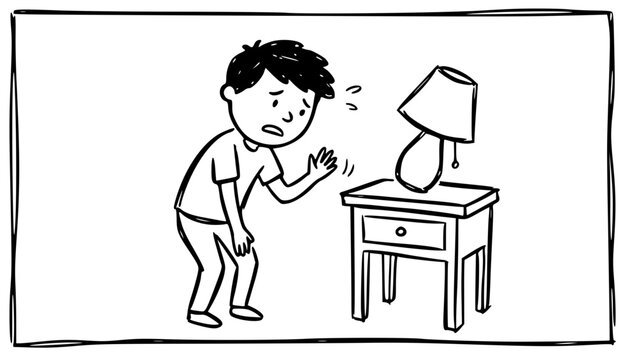 A character is shown troubled while looking at a simple lamp, metaphorically expressing emotional struggles related to the mundane aspects of daily life and their significance.