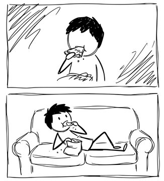 A playful depiction of a person indulging in comfort food on a couch, emphasizing the cozy yet messy nature of casual dining in a home environment.