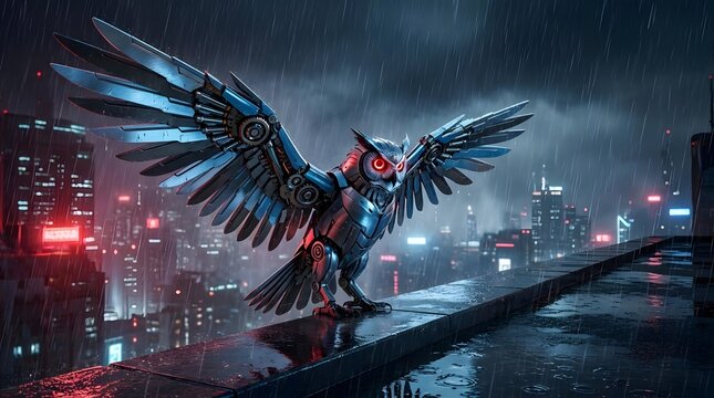 Robotic mechanical owl with glowing red eyes perched on a rainy city rooftop at night spreading wings in a cyberpunk environment.