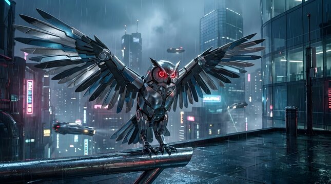 Robotic owl with glowing red eyes perches on a rainy futuristic city rooftop.