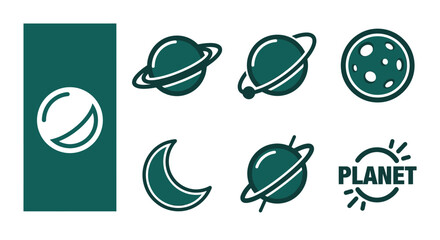 Minimal monochrome dark teal planet icon set featuring Saturn with rings, orbital paths, cratered moon, crescent, and tilted axis planet graphics for space-themed vector design. © Nemo Katana