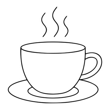 Minimalist Vector Icon Of Steaming Coffee Cup On Saucer, Hand Drawn Line Art Illustration For Cafe And Restaurant Design Projects, Scalable Graphic Element For Beverage Branding And Menu Design