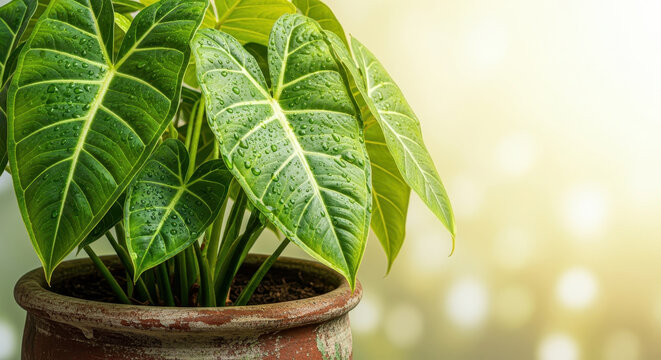 A delicate and intricate composition of a lush green plant in a large ceramic pot set against a