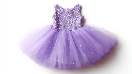 Obraz premium A lavender sleeveless tulle tutu dress for a girl, embellished with iridescent sequins across the bodice and scattered on the skirt. The dress is displayed on a white background