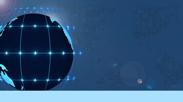 Digital globe with glowing network grid map background animation, futuristic tech and connectivity theme