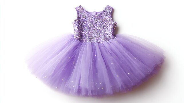 A lavender sleeveless tulle tutu dress for a girl, embellished with iridescent sequins across the bodice and scattered on the skirt.  The dress is displayed on a white background