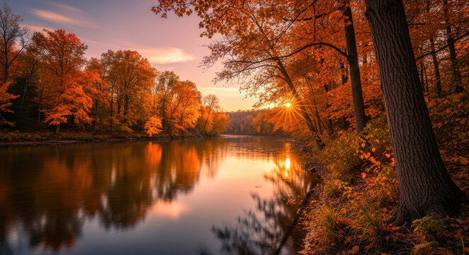 Dramatic evening landscape of a riverbank at dusk with golden trees and a low horizon line