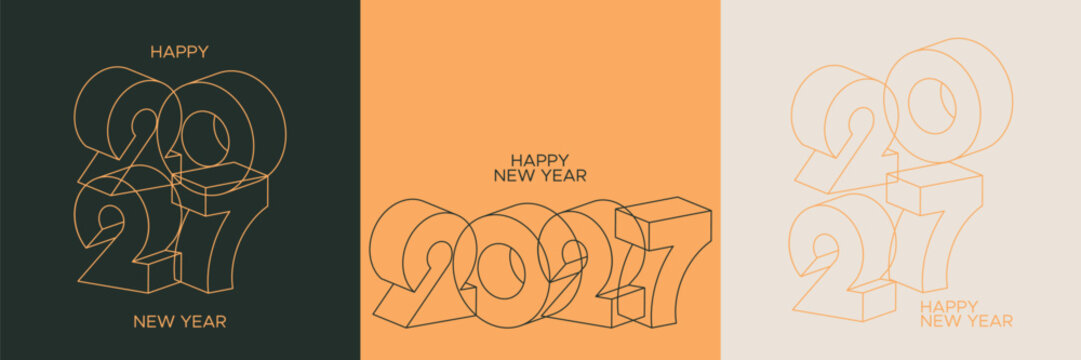 Minimalist Outline 2027 New Year Typography with Geometric Isometric Line Art Vector Set