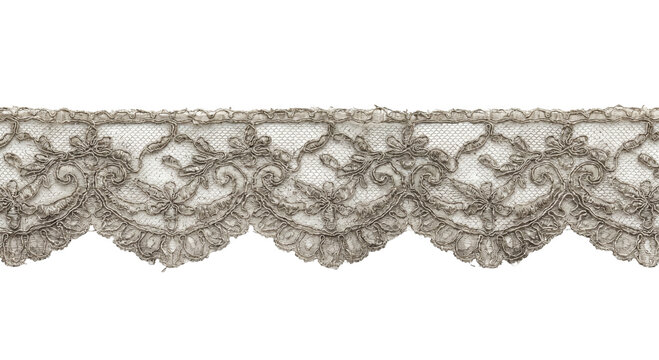 Intricate antique lace trim with floral motifs and scalloped edge