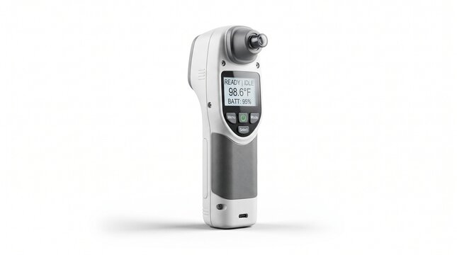 Handheld medical diagnostic device scanning patient's temperature. Portable infrared thermometer checking fever in clinical or home settings.