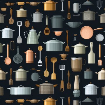 Kitchenware collection. Pots, pans, and utensils arranged in a seamless, tileable pattern on dark gray
