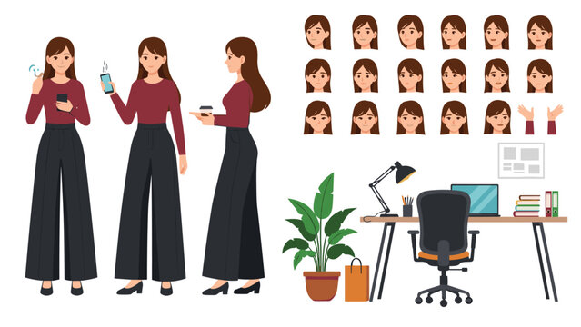Complete character design set for a woman in business casual attire with multiple facial expressions and work related body poses in flat style.