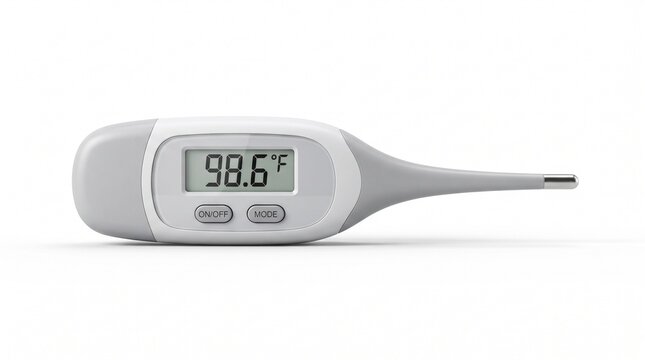 Digital infrared thermometer displaying high fever reading. Medical temperature gun checking body heat for health screening.