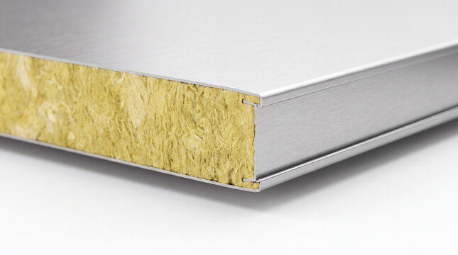 Sandwich panel cross-section shows mineral wool insulation core between metal sheets for building construction