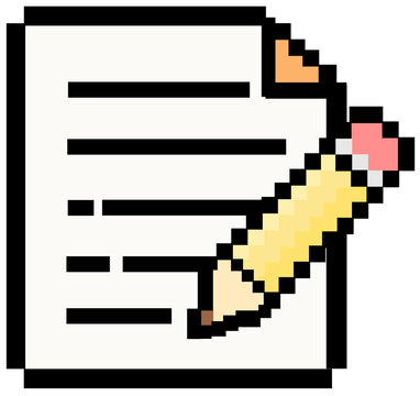 Cute pixel memo document with pencil icon isolated on transparent background