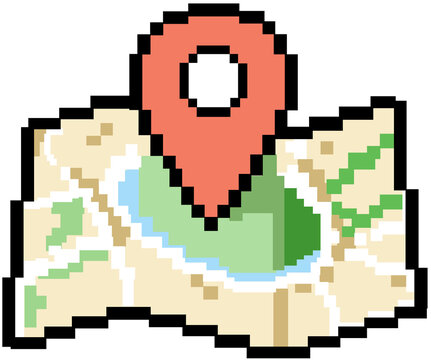 Cute pixel folded map with location pin icon isolated on transparent background