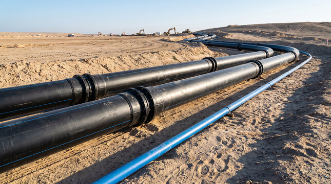 Large black pipelines and blue utility pipe laid in a desert trench during pipeline construction