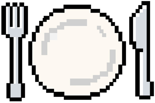 Cute pixel empty plate with fork and knife icon isolated on transparent background