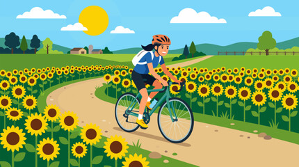 Fototapeta premium Cheerful cyclist riding through a radiant sunflower field on a winding rural lane, with golden sun, rolling green hills, farm cottages and summer countryside in bright flat vector illustration