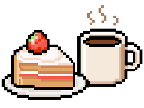 Cute pixel coffee and cake icon isolated on transparent background