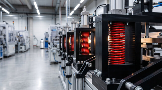 Red coil springs and industrial machinery on an automated assembly line in a modern factory interior