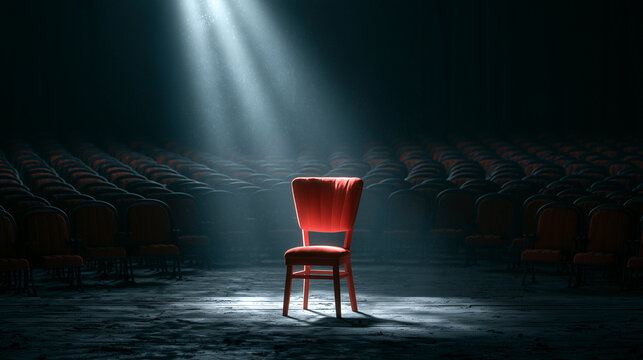 Single red chair in spotlight beam among hundreds of dark empty seats in vintage theater, being seen and loneliness concept