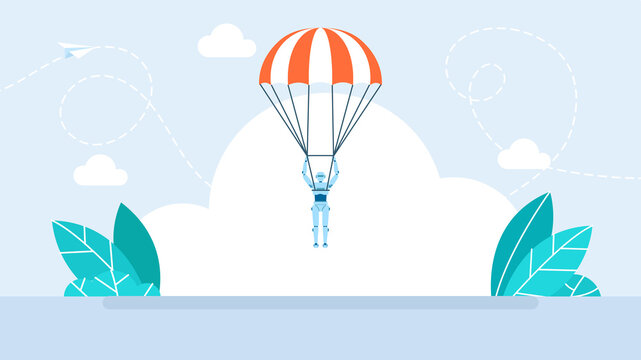 Robot flying with parachute for safe landing. Artificial intelligence technology protection, corporate automation risk management, business startup security insurance. Flat illustration