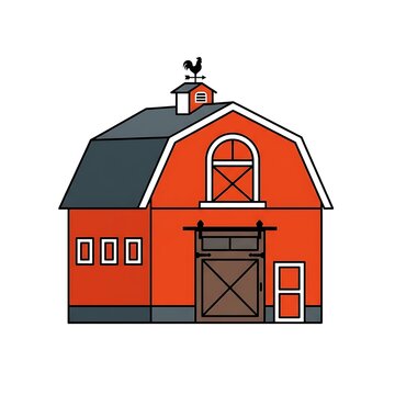 A simple flat vector illustration of a red farm barn with a rooster weather vane.