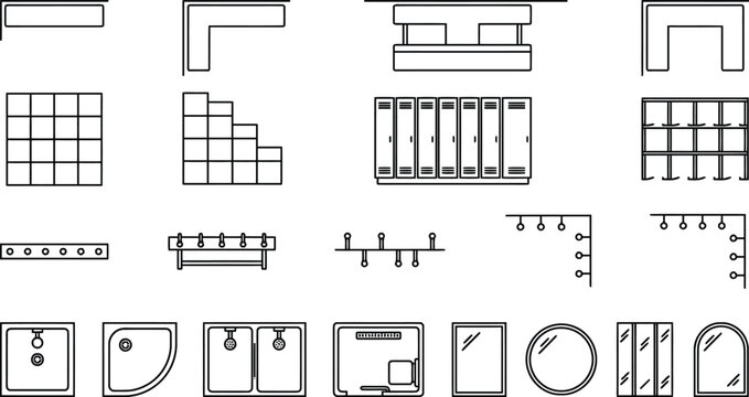 Locker room interiors architectural vectors bundle displaying bench layouts storage cube grids clothing hooks shower footprints mirror frame shapes technical schematics