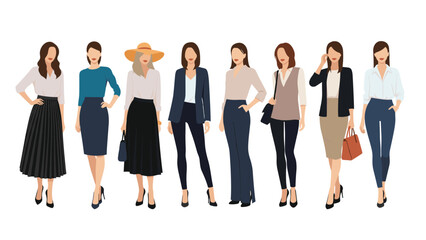 Fototapeta premium Collection of diverse women wearing various professional and casual outfits, including skirts, pants, and stylish jackets.