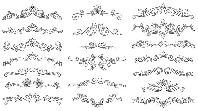 Large collection of elegant hand drawn ornamental dividers and floral flourishes for decorative page layout on a white background.