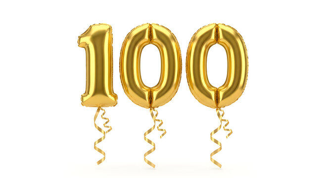 Golden celebration balloons with number 100 floating in air