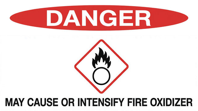 Warning sign with danger alert and fire intensifier symbol on white background, danger may cause or intensify fire oxidizer