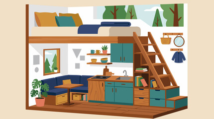 Cozy tiny house interior vector illustration with loft bed, ladder stairs, compact kitchen, teal cabinets, storage drawers, sofa nook, plants, shelves, and warm wood micro home decor © sughban