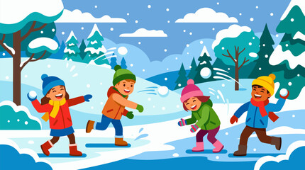 Naklejka premium Joyful children laughing and throwing snowballs in a bright winter park, bundled in colorful hats, scarves and coats, surrounded by snowy trees, hills, clouds and falling flakes in vector style