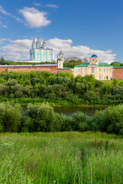 The fortress wall of the Smolensk Kremlin and Assumption Cathedral, Russia
