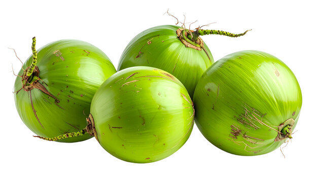 Four young green coconuts clustered together on a transparent background