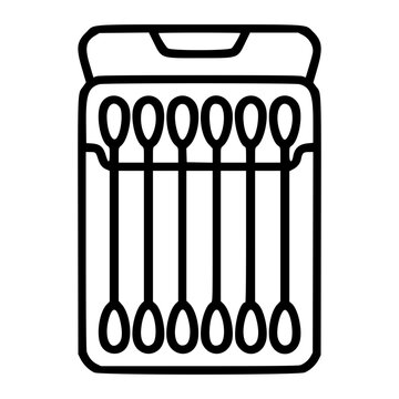 Minimalist line art vector icon of a cotton swab pack with Q-tips in a plastic case, perfect for hygiene product packaging, medical supplies, bathroom accessories, and personal care branding design.