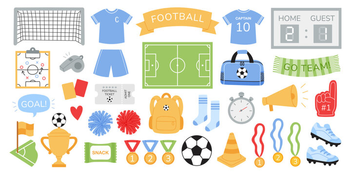 Football sport set. Collection with ball, goal, field, jersey, trophy, medal, whistle, scoreboard, backpack, cone, socks, shoes, fan accessories. Perfect for infographic, app, education, poster
