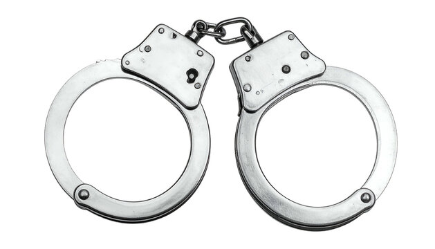 Shiny metal handcuffs linked by chain, against a dark backdrop