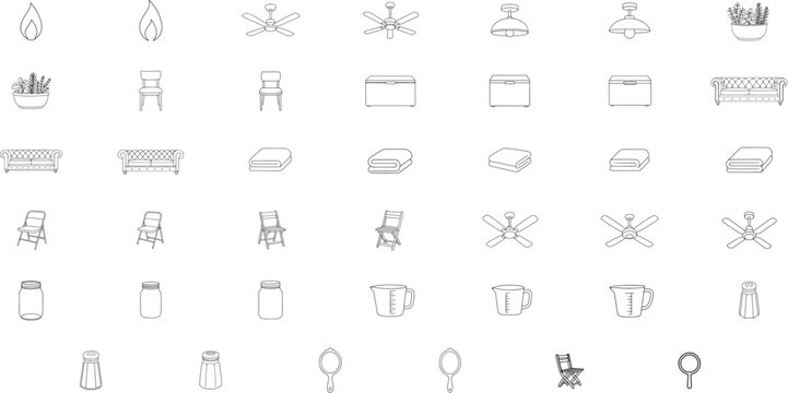 41 Hand-Traced Minimalist Line Art Vector Icon Collection Bundle: Home Furnishings, Kitchen Appliances, Hospitality & Lighting Outline Icons, Single Scalable EPS File for All Graphic Design Projects
